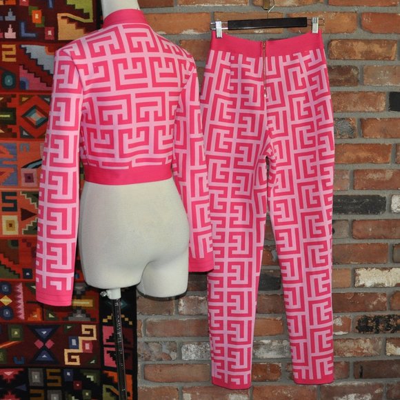 2 Pc Pink Barbiecore Bodycon Stretch High Waisted Pant Suit Cropped Jacket M-L - Picture 2 of 11